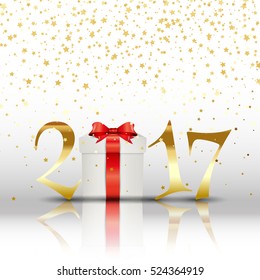 Feliz Año Nuevo con regalo y letras doradas