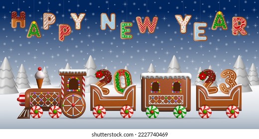 happy new year background with gingerbread cookies. 2023 banner with gingerbread train 