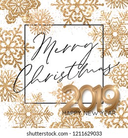 Happy New Year Background with gold 2019 numbers and snowflakes. Vector illustration