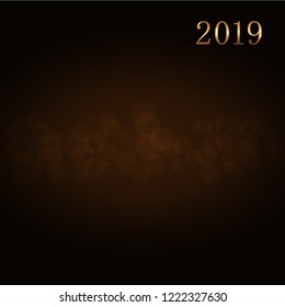 Happy New Year background. Gold numbers 2019 card. Christmas design with light, glow. Symbol of holiday, celebration. Luxury golden texture Vector illustration