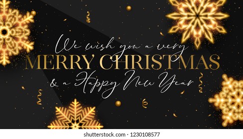 Happy New Year background with gold snowflakes and confetti. Vector illustration