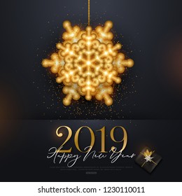 Happy New Year background with gold snowflakes