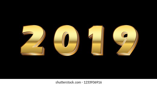 Happy New Year background. Gold 3D number 2019 isolated on black. Bright golden design for greeting card, Christmas banner, holiday celebration, decoration poster, calendar Vector illustration
