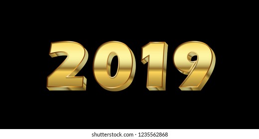 Happy New Year background. Gold 3D number 2019 isolated on black. Bright golden design for greeting card, Christmas banner, holiday celebration, decoration poster, calendar Vector illustration