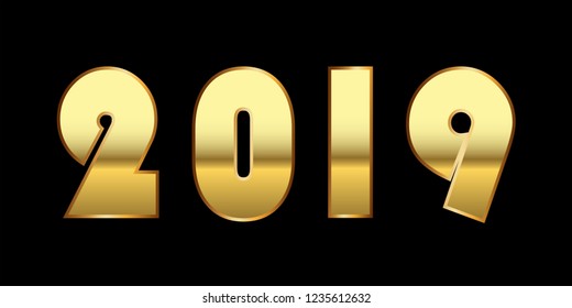 Happy New Year background. Gold 3D number 2019 isolated on black. Bright golden design for greeting card, Christmas banner, holiday celebration, decoration poster, calendar Vector illustration