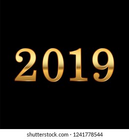 Happy New Year background. Gold 3D number 2019 isolated on black. Bright golden design for greeting card, Christmas banner, holiday celebration, decoration poster, calendar Vector illustration