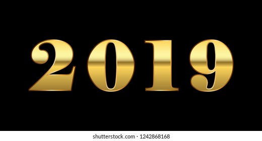 Happy New Year background. Gold 3D number 2019 isolated on black. Bright golden design for greeting card, Christmas banner, holiday celebration, decoration poster, calendar Vector illustration