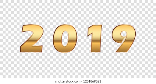 Happy New Year background. Gold 3D number 2019 isolated white transparent. Bright golden design greeting card, Christmas banner, holiday celebration, decoration poster, calendar Vector illustration