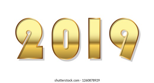 Happy New Year background. Gold 3D number 2019 isolated on white. Bright golden design for greeting card, Christmas banner, holiday celebration, decoration poster, calendar Vector illustration