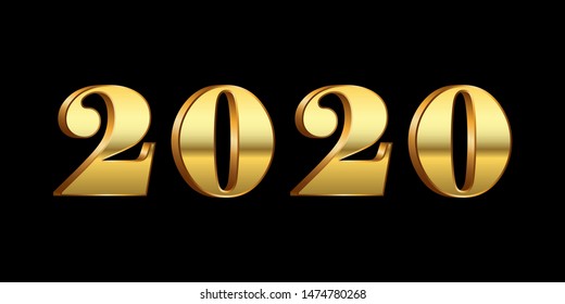 Happy New Year background. Gold 3D number 2020 isolated black background. Bright golden design greeting card, Christmas banner, holiday celebration, decoration poster, calendar Vector illustration
