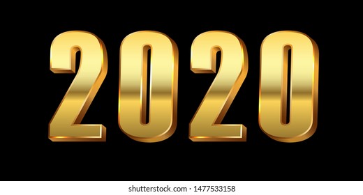 Happy New Year background. Gold 3D number 2020 isolated black background. Bright golden design greeting card, Christmas banner, holiday celebration, decoration poster, calendar Vector illustration