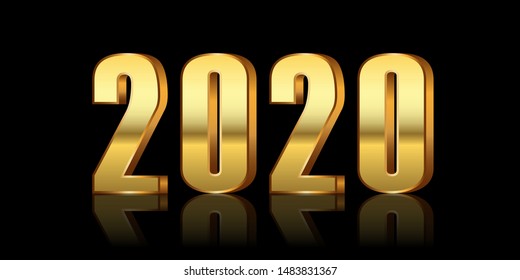 Happy New Year background. Gold 3D number 2020 isolated black background. Bright golden design greeting card, Christmas banner, holiday celebration, decoration poster, calendar Vector illustration
