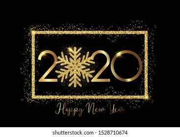 Happy New year background with gold lettering and glittery snowflake design