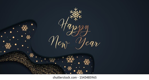 Happy New Year Background. Gold text design and decoration with snowflakes. Dark vector festive template for Black Friday banners, cards, posters etc