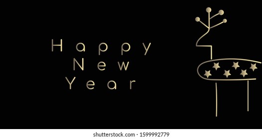 Happy new year background and gold caribou drawing. Black background. Vector, banner, poster, cover, design.