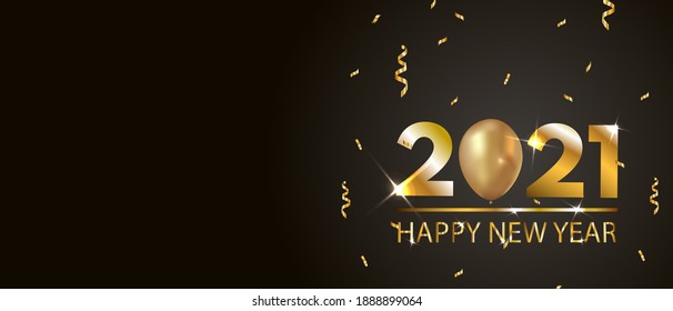 Happy new year background with gold ribbon and balloon. Winter holiday design template with copyspace.