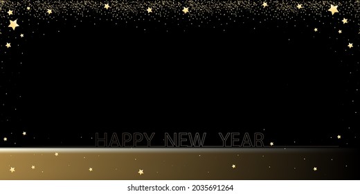 Happy New Year background with Gold glitter falling with sparkle shine light confetti, star on black,Vector magic gold dust and glare golden shimmer texture for luxury backdropNew Year banner or flyer