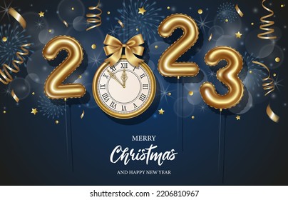 happy new year background with gold balloons and gold clock. 2023 poster