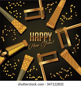 Happy New Year background gold design with champagne, confetti and noisemakers. EPS 10 vector Royalty free illustration.