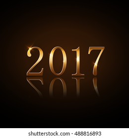 Happy New Year background. Gold numbers 2017 card. Christmas design with light, vibrant, glow and sparkle, glitter. Symbol of holiday, celebration. Luxury golden texture. Vector illustration