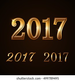 Happy New Year background. Gold numbers set 2017 card. Christmas design with light, vibrant, glow and sparkle, glitter. Symbol of holiday, celebration. Luxury golden texture. Vector illustration