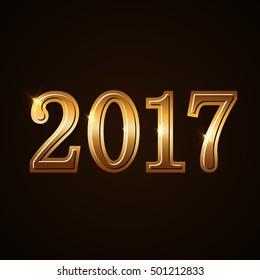 Happy New Year background. Gold numbers 2017 card. Christmas design with light, vibrant, glow and sparkle, glitter. Symbol of holiday, celebration. Luxury golden texture. Vector illustration