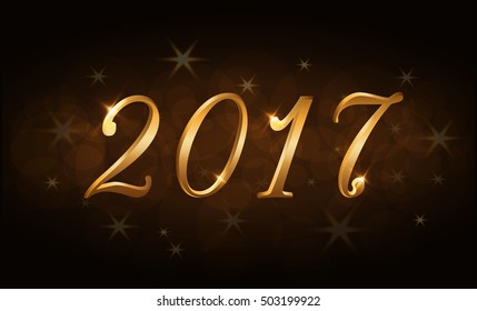 Happy New Year background. Gold numbers 2017 card. Christmas design with light, vibrant, glow and sparkle, stars, glitter. Symbol of holiday, celebration. Luxury golden texture. Vector illustration