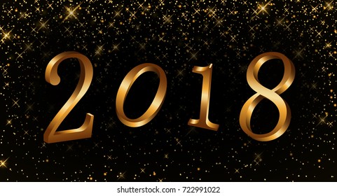 Happy New Year background. Gold numbers 2018 card. Christmas design with light, vibrant, glow and sparkle, glitter. Symbol of holiday, celebration. Luxury golden texture. Vector illustration