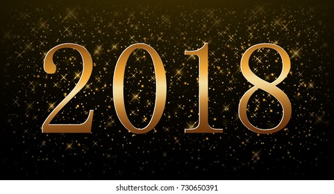 Happy New Year background. Gold numbers 2018 card. Christmas design with light, vibrant, glow and sparkle, glitter. Symbol of holiday, celebration. Luxury golden texture. Vector illustration
