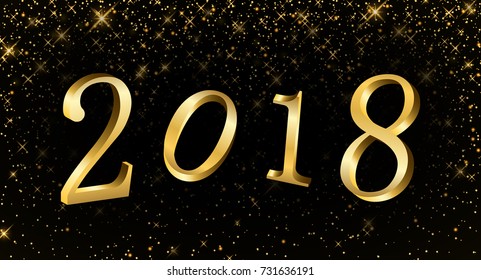 Happy New Year background. Gold numbers 2018 card. Christmas design with light, vibrant, glow and sparkle, glitter. Symbol of holiday, celebration. Luxury golden texture Vector illustration