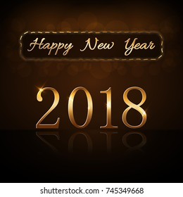 Happy New Year background. Gold numbers 2018 card. Christmas design with light, vibrant, glow and sparkle, glitter. Symbol of holiday, celebration. Luxury golden texture. Vector illustration