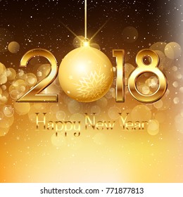 Happy New Year background with gold text and bauble