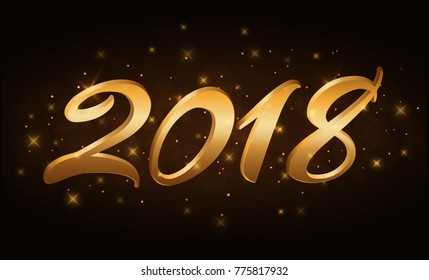 Happy New Year background. Gold numbers 2018 for card. Christmas design with light, sparkle, glitter. Symbol of holiday, celebration. Luxury golden texture. Vector illustration