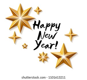Happy New Year background with golden stars. Christmas winter holidays design. Seasonal greeting card, calendar, brochure template.