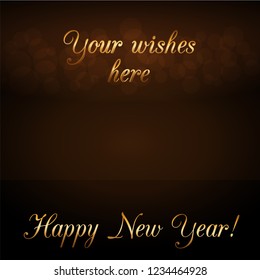 Happy New Year background. Golden text for card. Christmas design light, vibrant, glow and sparkle, glitter. Symbol of wish, celebration. Luxury decoration Vector illustration