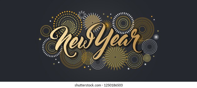 Happy New Year Background with golden fireworks. Gold and black card and banner, festive invitation, calendar poster or promo banner. vector illustration