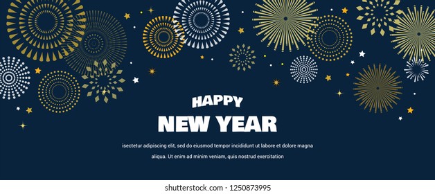 Happy New Year Background with golden fireworks. Gold and black card and banner, festive invitation, calendar poster or promo banner. vector illustration