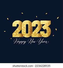 happy new year background with golden sparkle 2023 text and confetti design 