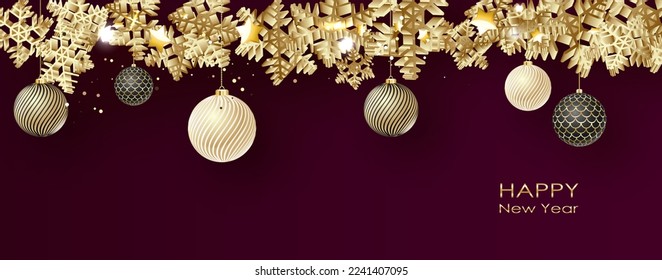 Happy New Year background with golden sparkling texture. Postcard with gold, pearly Christmas tree toys. Vector Illustration for holiday greeting card