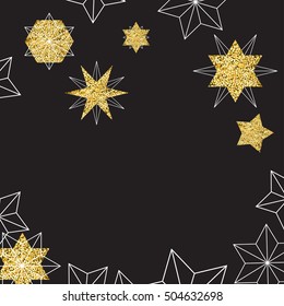 Happy New Year background. Golden, black and white colors. Trend design element for decorations and posters. Vector illustration. Glitter golden Stars and Snowflakes.