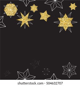 Happy New Year background. Golden, black and white colors. Trend design element for decorations and posters. Vector illustration. Glitter golden Stars and Snowflakes.