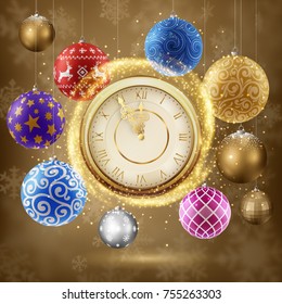 Happy New Year, background with golden clock and sparkles, and christmas balls, EPS 10 contains transparency.
