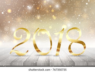 Happy New Year background with golden numbers on a wooden table