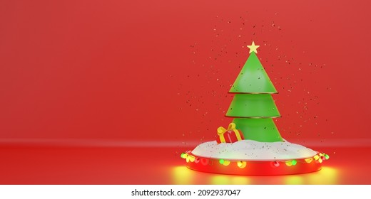 Happy New Year background. Green Christmas tree with star and box of gifts strewn with snow on red round studio podium, realistic 3d decorative garland glow. Xmas Decorations. Vector illustration