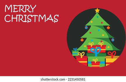 Happy New Year background. Green Christmas tree with star and box of gifts strewn with snow