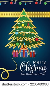 Happy New Year background. Green Christmas tree with star and box of gifts strewn with snow , decorative garland glow. Xmas Decorations. Vector illustration