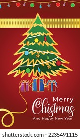 Happy New Year background. Green Christmas tree with star and box of gifts , decorative garland. Xmas Decorations. Vector illustration.