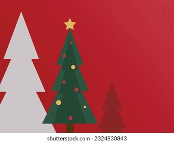 Happy New Year background. Green Christmas tree with stars. Christmas decorations. Vector flat illustration.