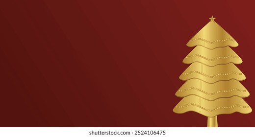 Happy New Year background. Green Christmas tree with star and box of gifts strewn with snow on red round studio podium, realistic 3d decorative garland glow. Xmas Decorations. Vector illustration