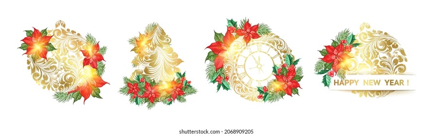 Happy new year background. Greeting card elements with holly wreath.